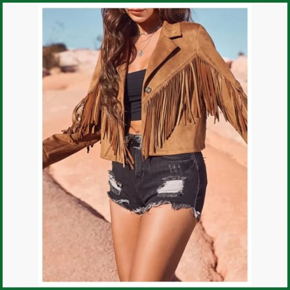 Faux Suede Fringe Open Front Jacket Western Concert Outerwear - Picture 4 of 6